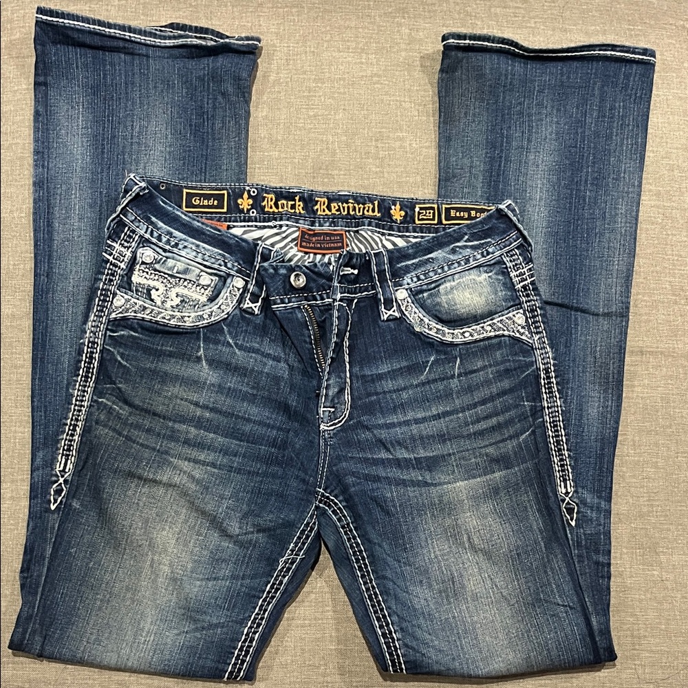 Rock Revival Blue Jeans with White Stitching